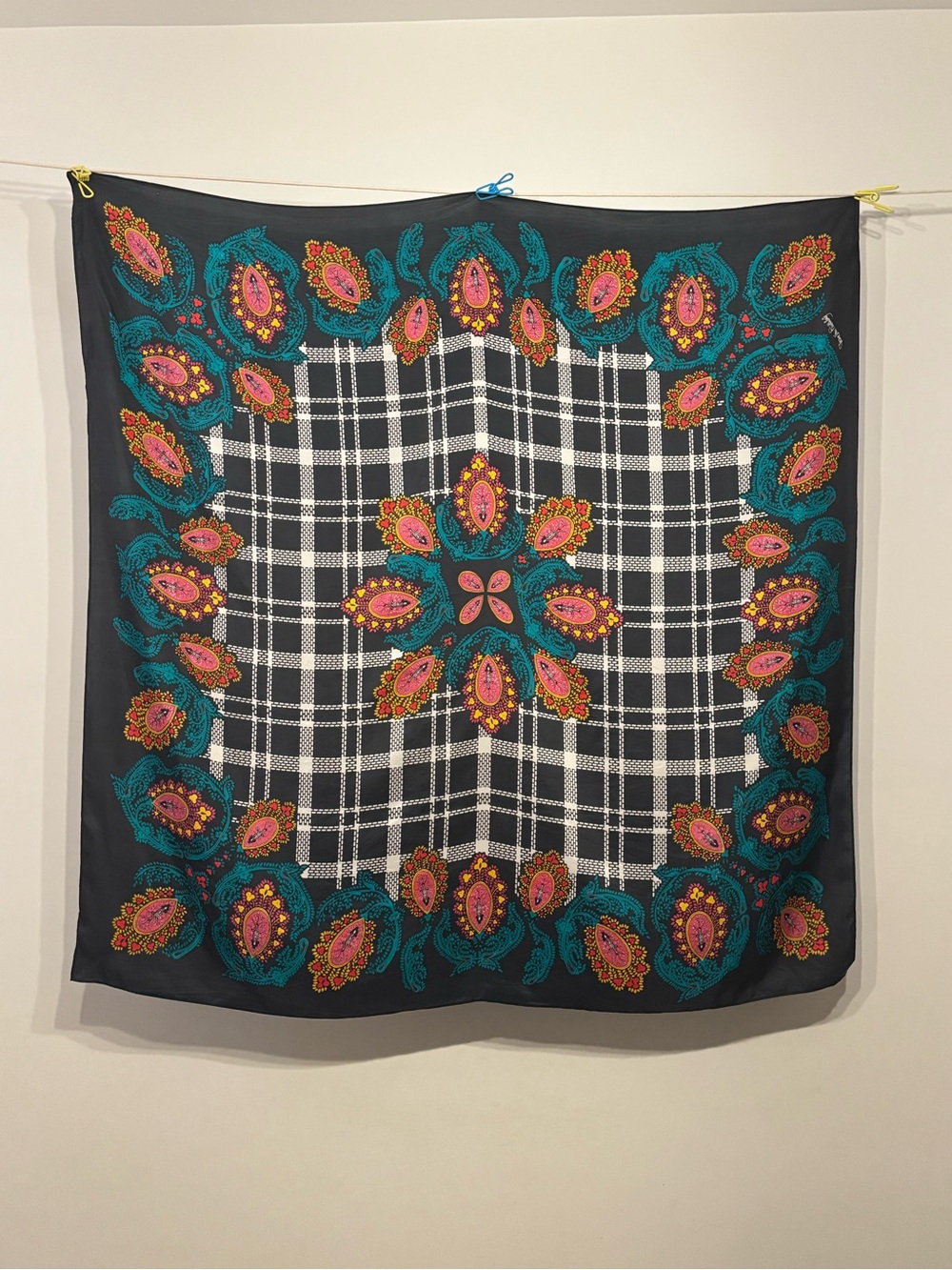 DVF - Diane Von Furstenberg dark navy Scarf with Teal and Pink Paisley Border